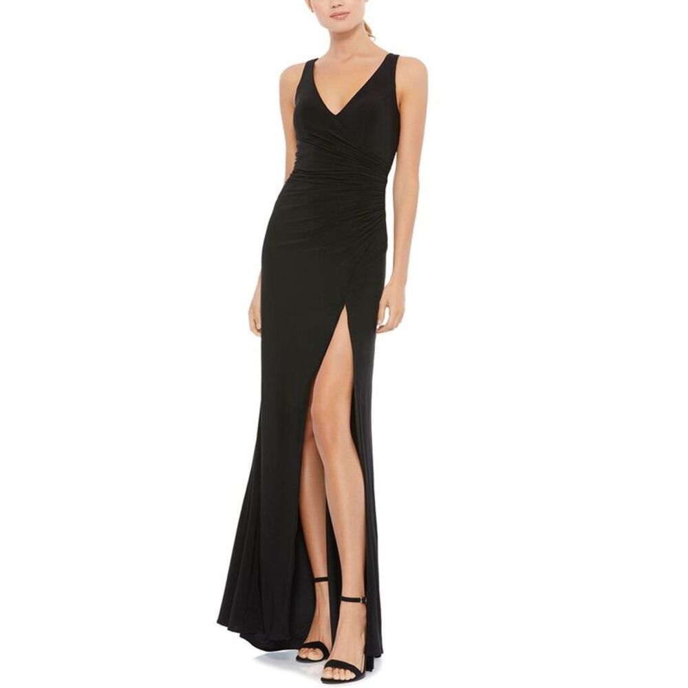 Mac Duggal Womens Faux Wrap Sleeveless V Neck Gown, Black